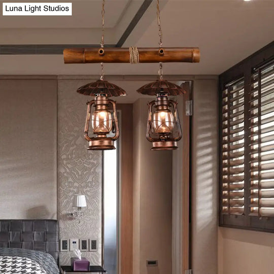 Vintage Industrial 2-Light Island Pendant In Red Brown - Kerosene Metallic Chandelier Lighting