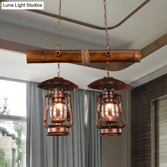 Vintage Industrial 2-Light Island Pendant In Red Brown - Kerosene Metallic Chandelier Lighting