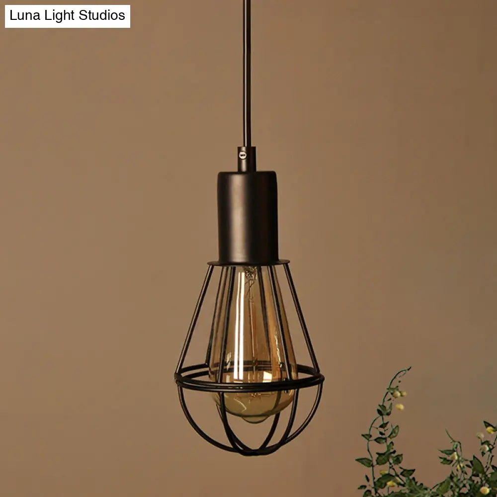 Vintage Industrial Cage Pendant Light - Small Black Metal Hanging Lamp For Living Room