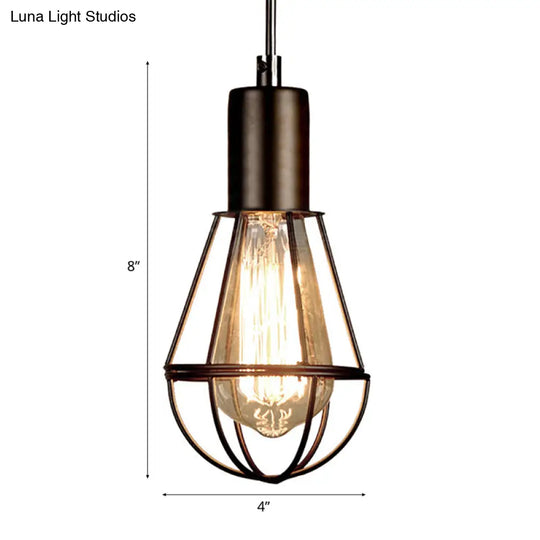 Vintage Industrial Cage Pendant Light - Small Black Metal Hanging Lamp For Living Room