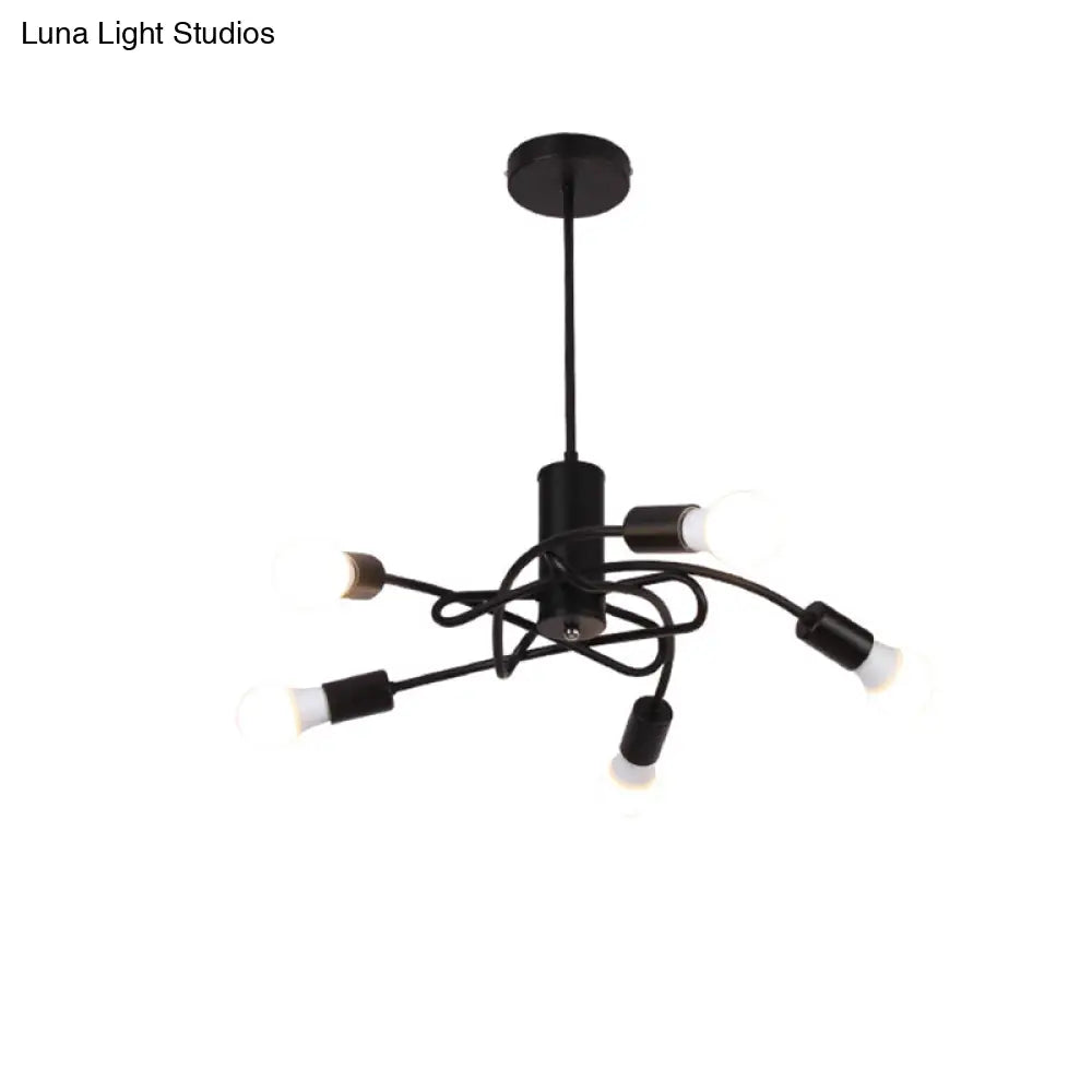 Vintage Industrial Black Metal Chandelier With Exposed Bulbs - 3/5 Lights Twirled Hanging Lamp For