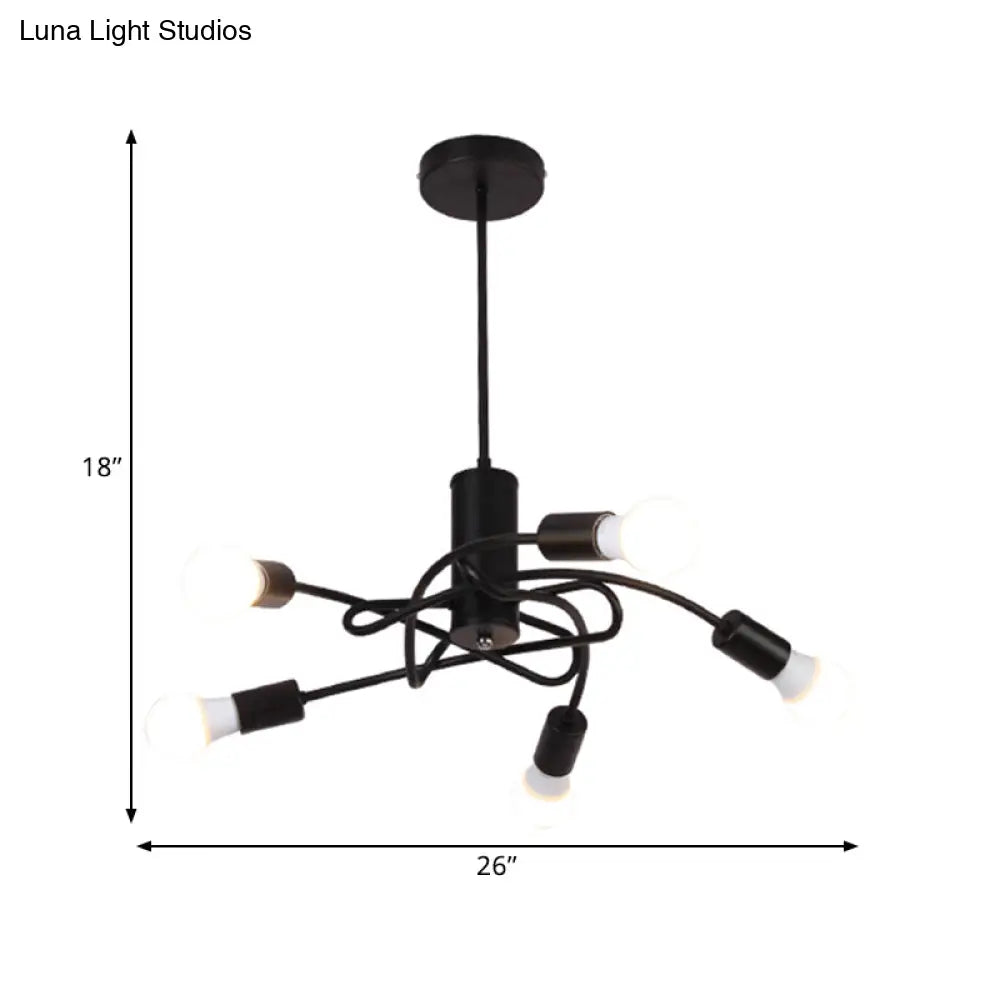 Vintage Industrial Black Metal Chandelier With Exposed Bulbs - 3/5 Lights Twirled Hanging Lamp For