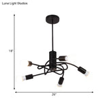 Vintage Industrial Black Metal Chandelier With Exposed Bulbs - 3/5 Lights Twirled Hanging Lamp For