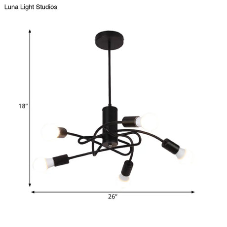 Vintage Industrial Black Metal Chandelier With Exposed Bulbs - 3/5 Lights Twirled Hanging Lamp For