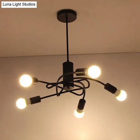 Vintage Industrial Black Metal Chandelier With Exposed Bulbs - 3/5 Lights Twirled Hanging Lamp For