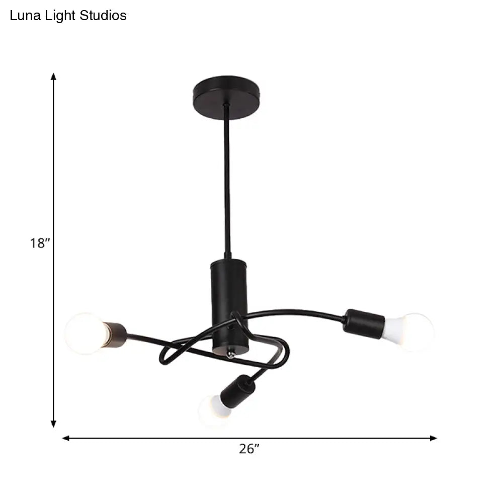 Vintage Industrial Black Metal Chandelier With Exposed Bulbs - 3/5 Lights Twirled Hanging Lamp For