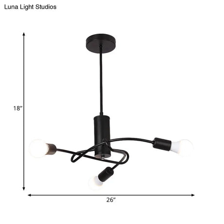 Vintage Industrial Black Metal Chandelier With Exposed Bulbs - 3/5 Lights Twirled Hanging Lamp For