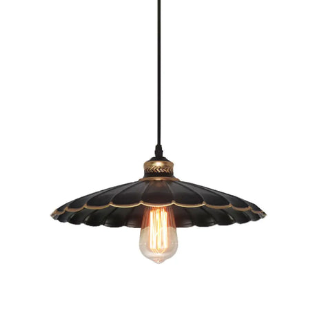 Vintage Industrial Black Metal Pendant Ceiling Light | Scalloped Hanging 10 Or 14 Ideal For