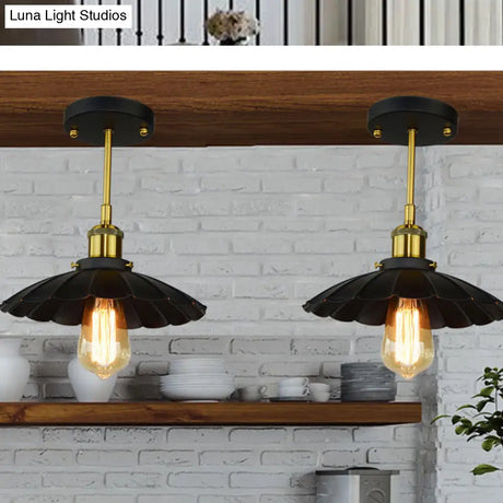 Vintage Industrial Black Scalloped Semi Flush Mount Metal Ceiling Fixture With 1 Light