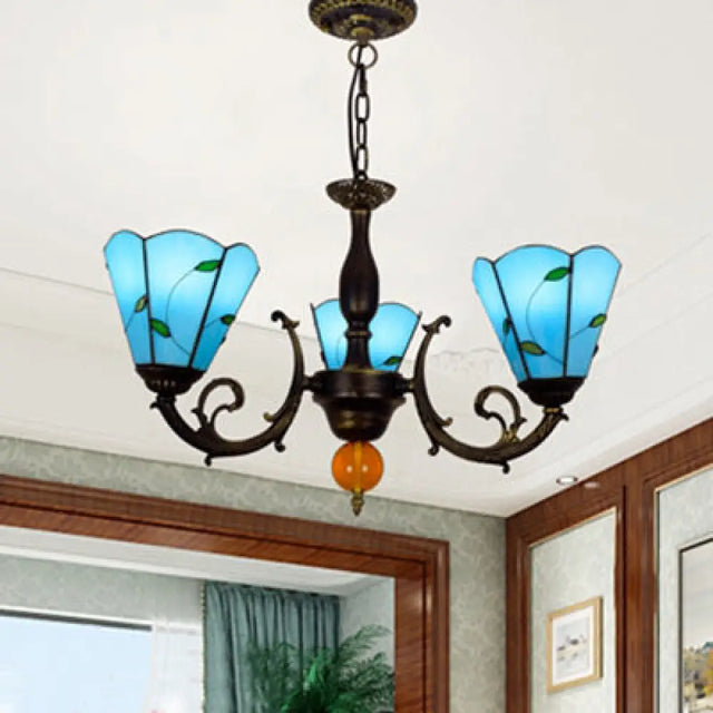 Vintage Industrial Blue Stained Glass 3-Light Chandelier With Leaf Inverted Shade