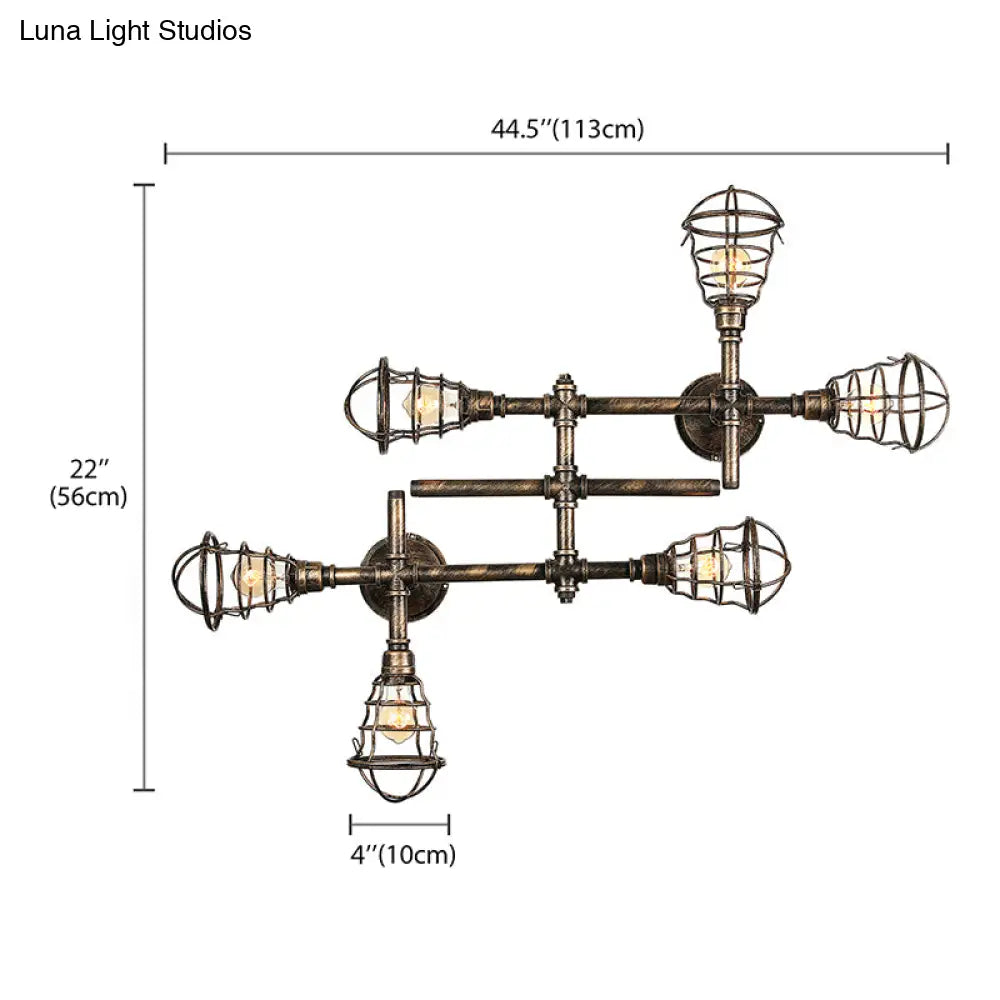 Vintage Industrial Brass Wire Cage Semi-Flush Light With Pipe - 4/6/8 Heads For Living Room Ceiling