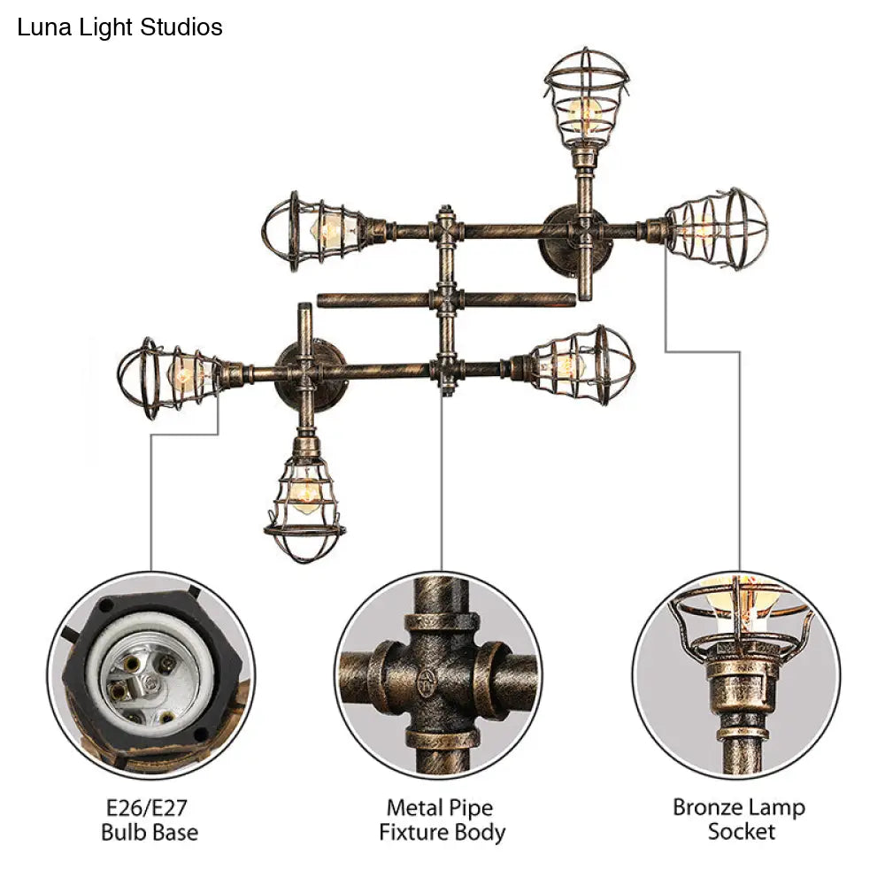 Vintage Industrial Brass Wire Cage Semi-Flush Light With Pipe - 4/6/8 Heads For Living Room Ceiling