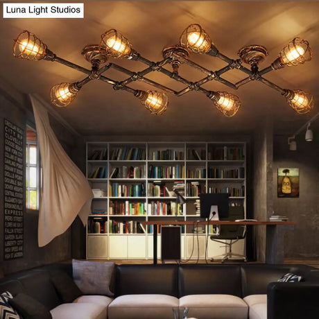 Vintage Industrial Brass Wire Cage Semi-Flush Light With Pipe - 4/6/8 Heads For Living Room Ceiling