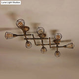 Vintage Industrial Brass Wire Cage Semi-Flush Light With Pipe - 4/6/8 Heads For Living Room Ceiling