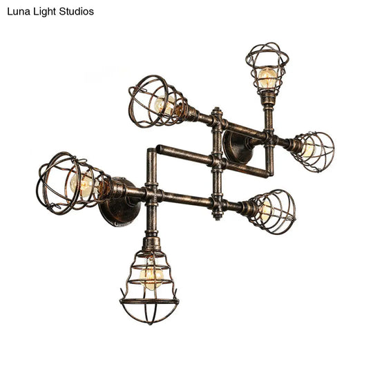 Vintage Industrial Brass Wire Cage Semi-Flush Light With Pipe - 4/6/8 Heads For Living Room Ceiling
