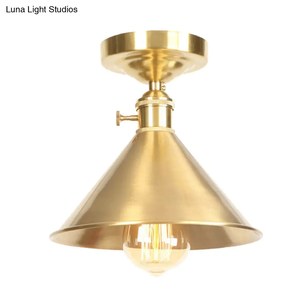 Vintage Industrial Brushed Brass Semi Flush Light - 1 Ceiling Mounted Balcony Fixture 8/9.5 Wide