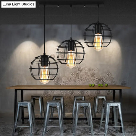 Vintage Industrial Caged Pendant Lighting - 3-Head Metallic Ceiling Light Black