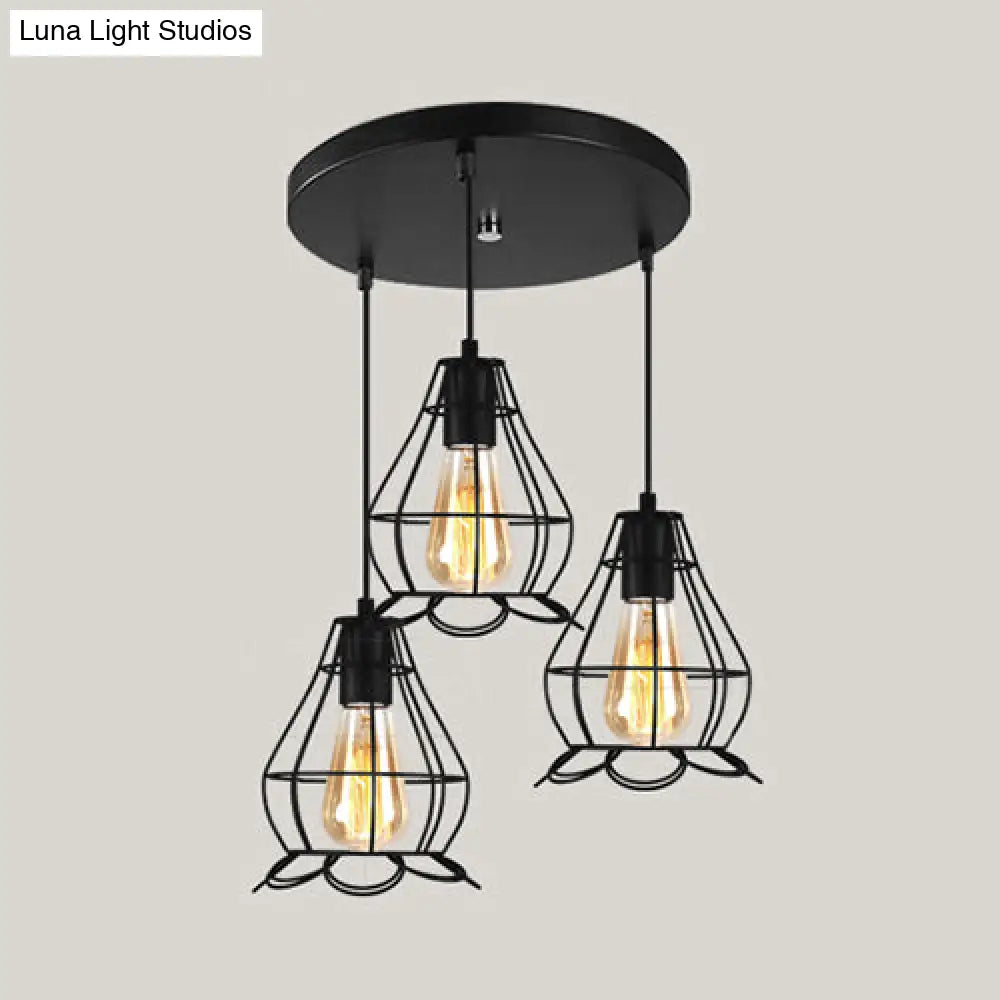 Vintage Industrial Caged Pendant Lighting - 3-Head Metallic Ceiling Light Black