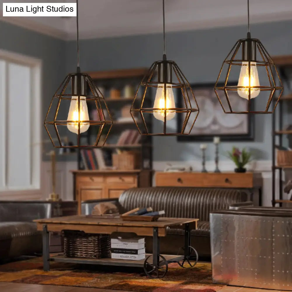 Vintage Industrial Caged Pendant Lighting - 3-Head Metallic Ceiling Light Black