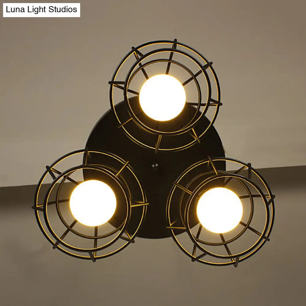 Vintage Industrial Caged Pendant Lighting - 3-Head Metallic Ceiling Light Black
