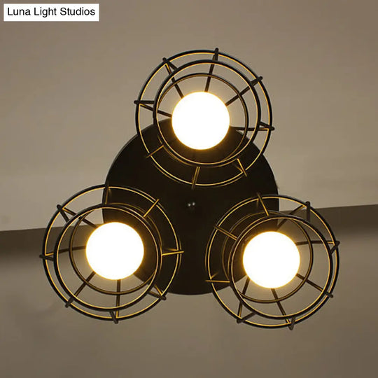 Vintage Industrial Caged Pendant Lighting - 3-Head Metallic Ceiling Light Black