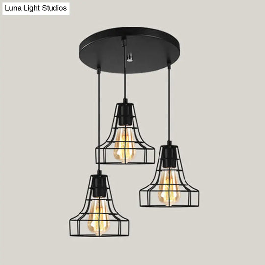 Vintage Industrial Caged Pendant Lighting - 3-Head Metallic Ceiling Light Black