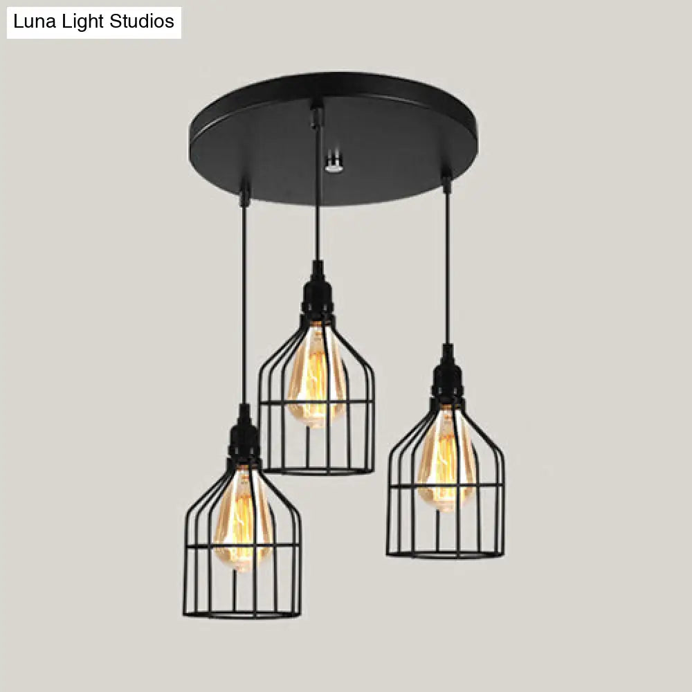 Vintage Industrial Caged Pendant Lighting - 3-Head Metallic Ceiling Light Black