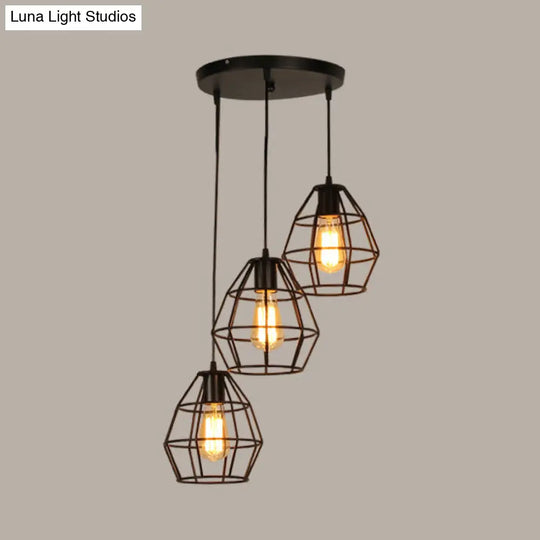 Vintage Industrial Caged Pendant Lighting - 3-Head Metallic Ceiling Light Black / A Round