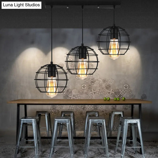 Vintage Industrial Caged Pendant Lighting - 3-Head Metallic Ceiling Light Black / C Linear