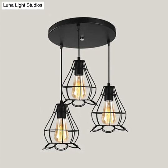 Vintage Industrial Caged Pendant Lighting - 3-Head Metallic Ceiling Light Black / E Round