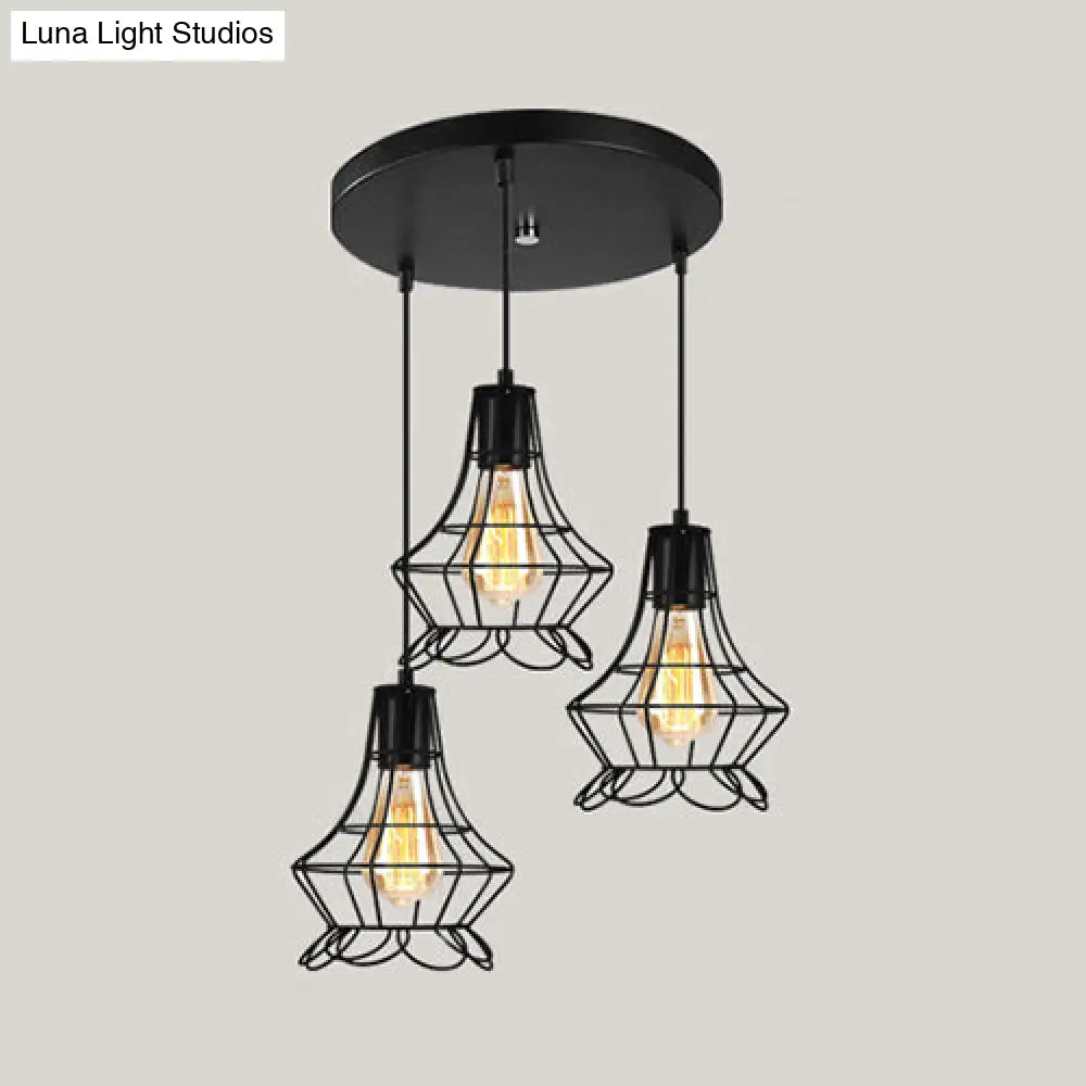 Vintage Industrial Caged Pendant Lighting - 3-Head Metallic Ceiling Light Black / G Round