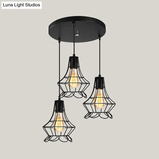 Vintage Industrial Caged Pendant Lighting - 3-Head Metallic Ceiling Light Black / G Round