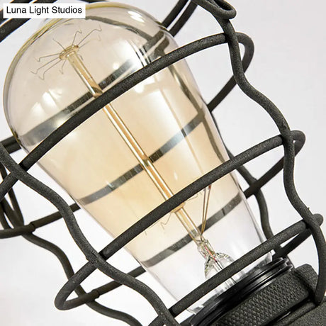 Vintage Industrial Caged Sconce Lamp - Metal Wall Mount Light With Water Pipe Black Finish For