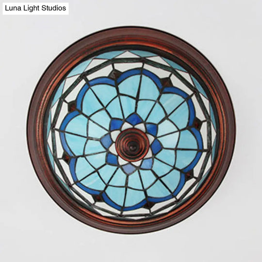 Vintage Industrial Dome Flushmount Ceiling Light With Stained Glass In White/Clear/Blue