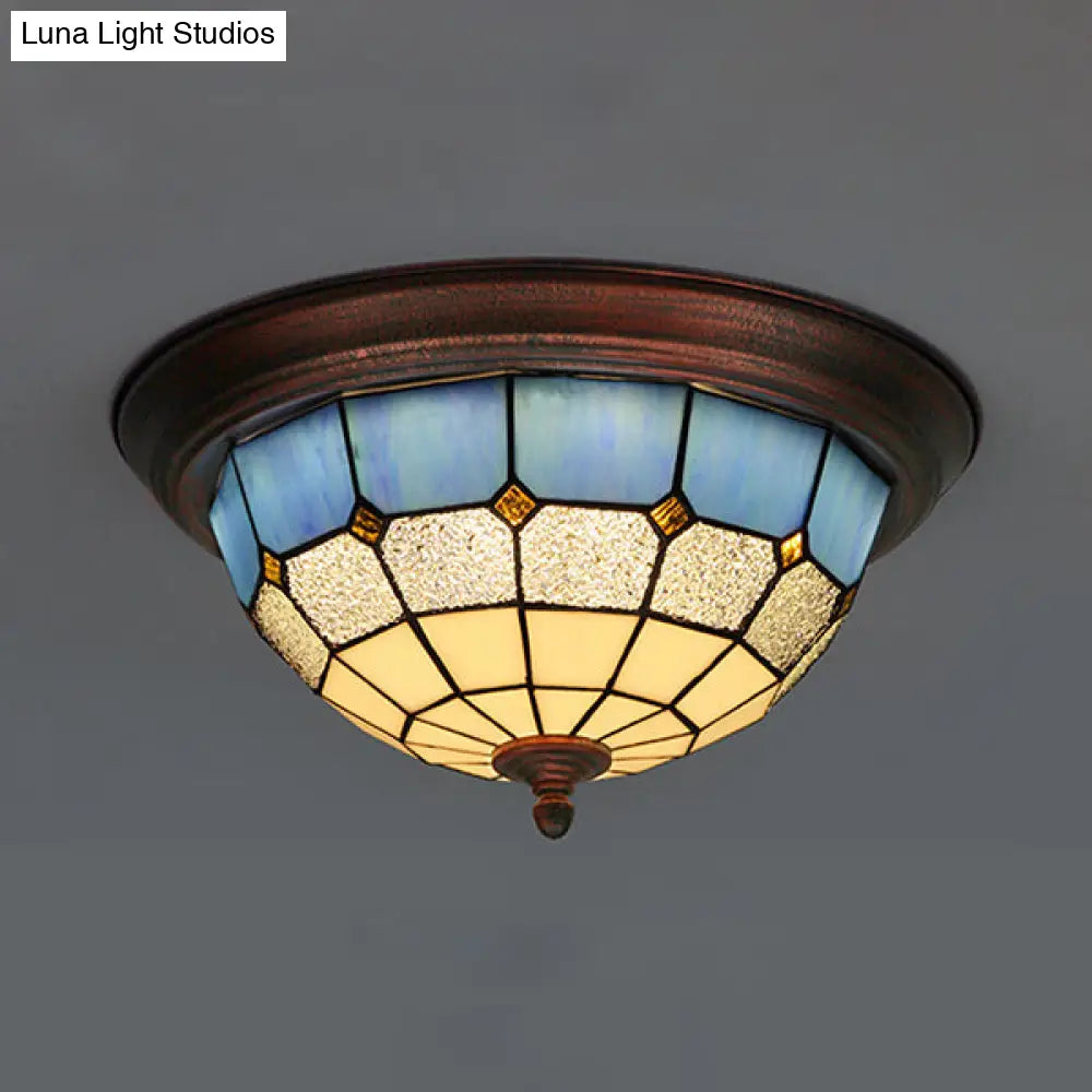 Vintage Industrial Dome Flushmount Ceiling Light With Stained Glass In White/Clear/Blue Clear