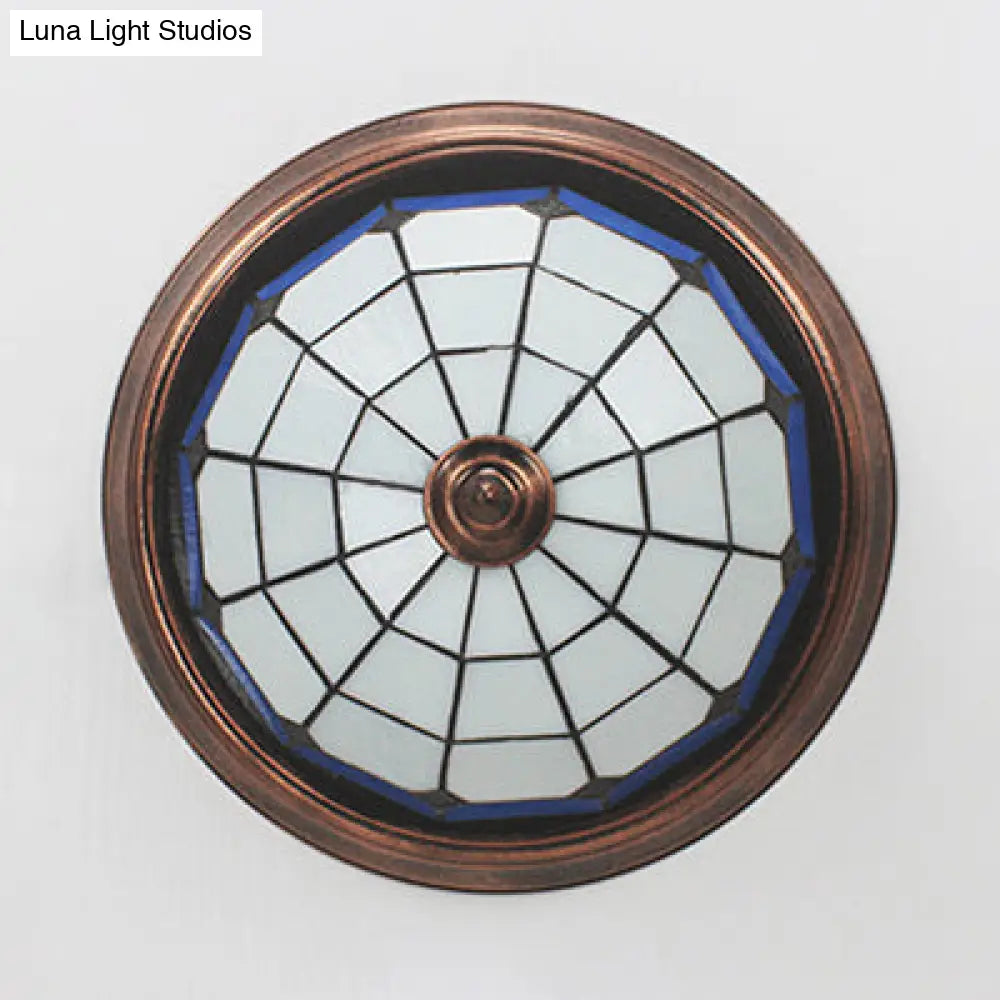 Vintage Industrial Dome Flushmount Ceiling Light With Stained Glass In White/Clear/Blue