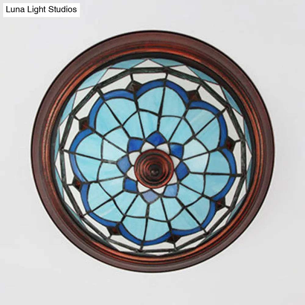 Vintage Industrial Dome Flushmount Ceiling Light With Stained Glass In White/Clear/Blue
