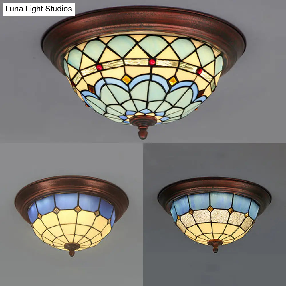 Vintage Industrial Dome Flushmount Ceiling Light With Stained Glass In White/Clear/Blue