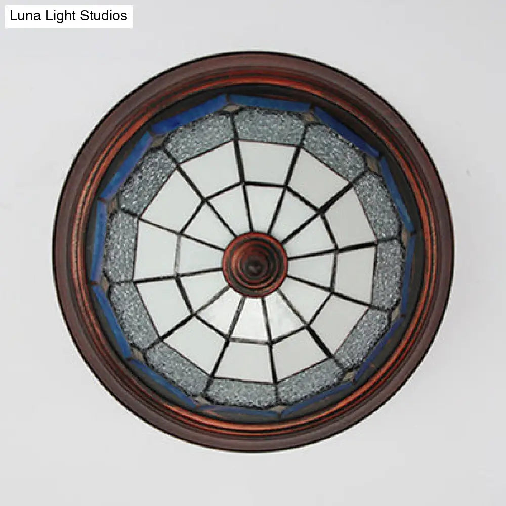 Vintage Industrial Dome Flushmount Ceiling Light With Stained Glass In White/Clear/Blue
