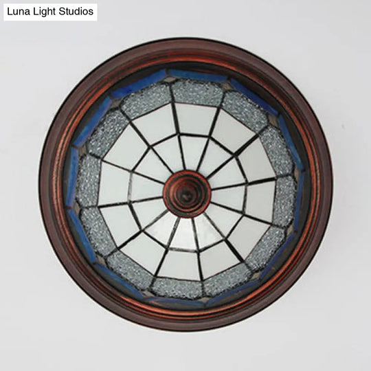 Vintage Industrial Dome Flushmount Ceiling Light With Stained Glass In White/Clear/Blue