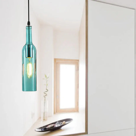 Vintage Industrial Glass Bottle Hanging Lamp - Blue/Brown With Adjustable Cord Blue