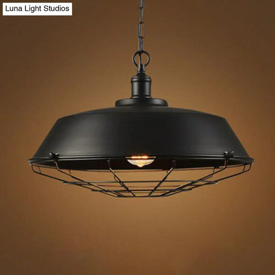 Vintage Pot Lid Iron Pendant With Cage Bottom - Industrial Hanging Lamp In Black