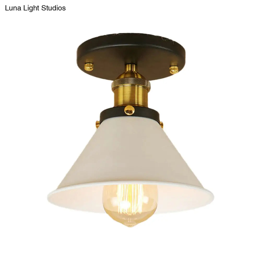 Vintage Industrial Metal Ceiling Light Fixture - Semi-Flush Mount Conic Shade White/Brass