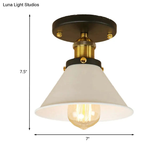 Vintage Industrial Metal Ceiling Light Fixture - Semi-Flush Mount Conic Shade White/Brass