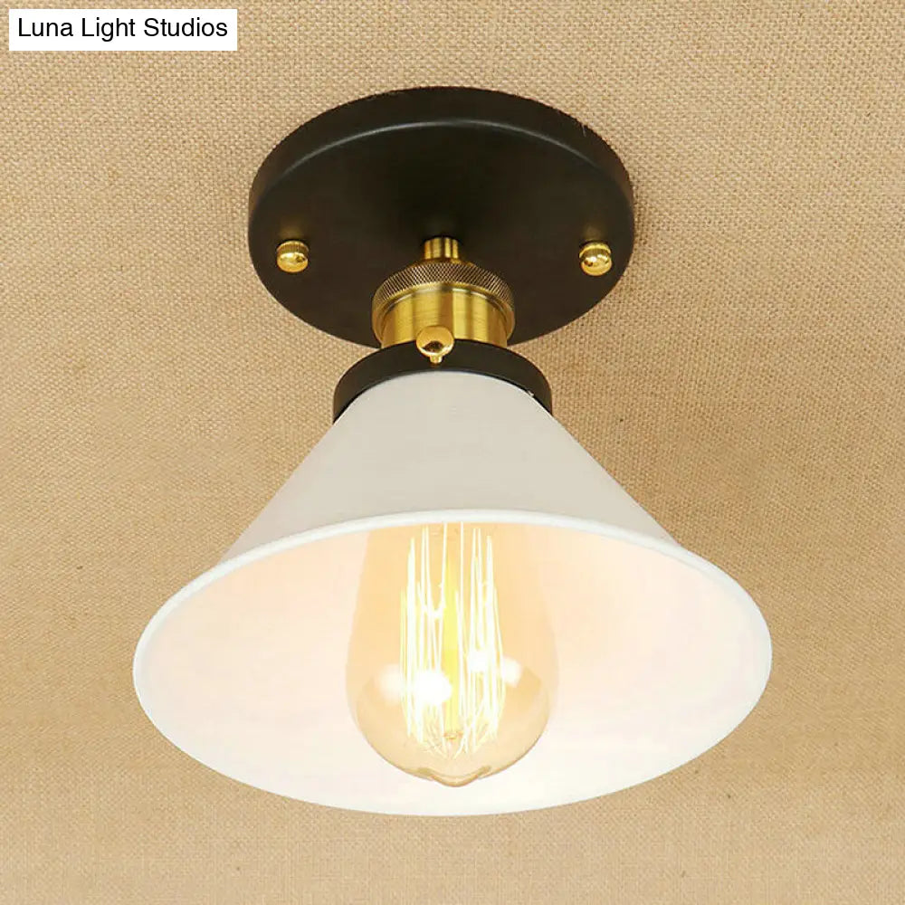 Vintage Industrial Metal Ceiling Light Fixture - Semi-Flush Mount Conic Shade White/Brass