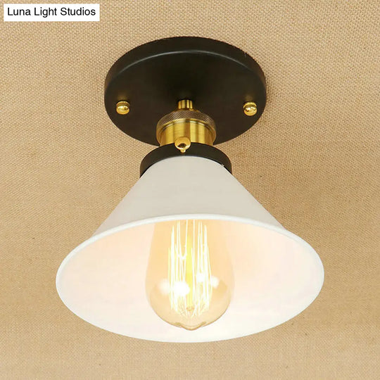 Vintage Industrial Metal Ceiling Light Fixture - Semi-Flush Mount Conic Shade White/Brass
