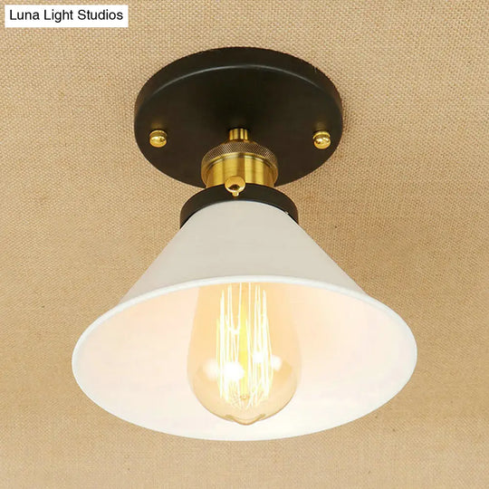 Vintage Industrial Metal Ceiling Light Fixture - Semi-Flush Mount Conic Shade White/Brass