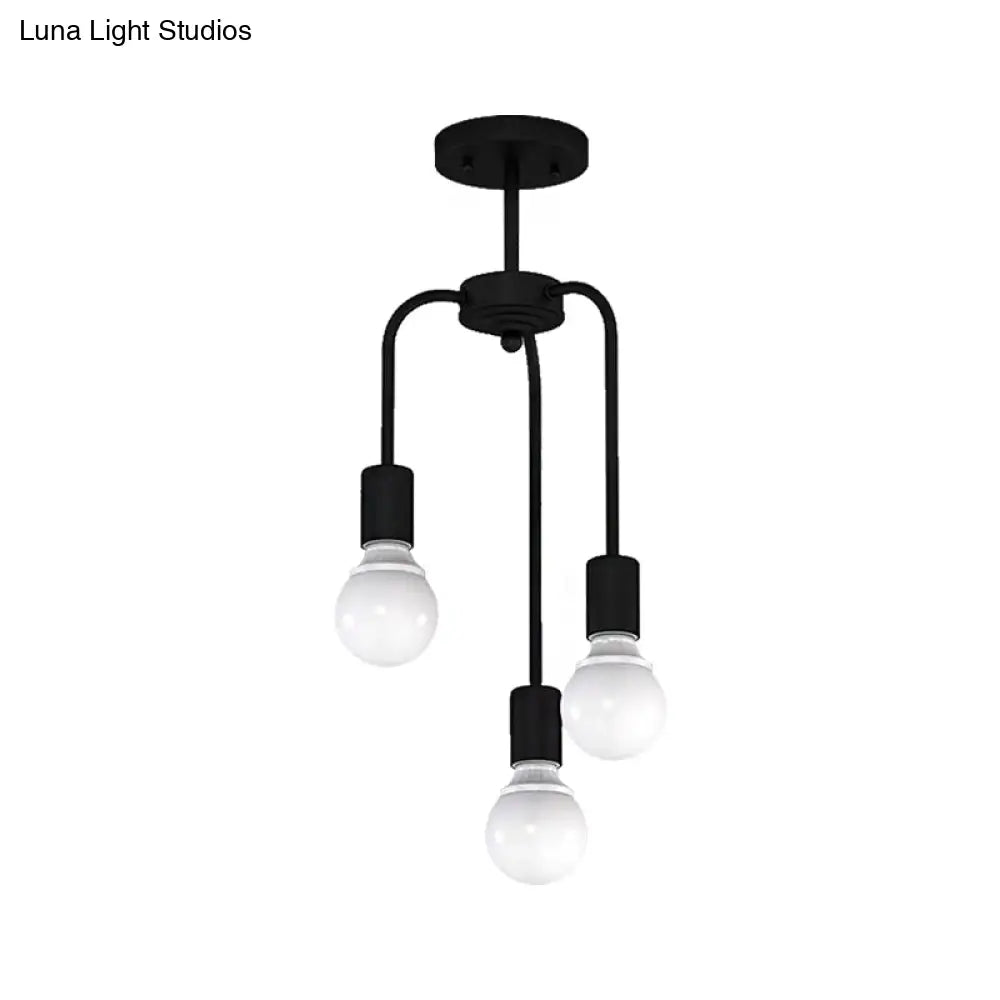 Vintage Industrial Metal Kitchen Semi Flush Mount Light With 3 Black Ceiling Lights