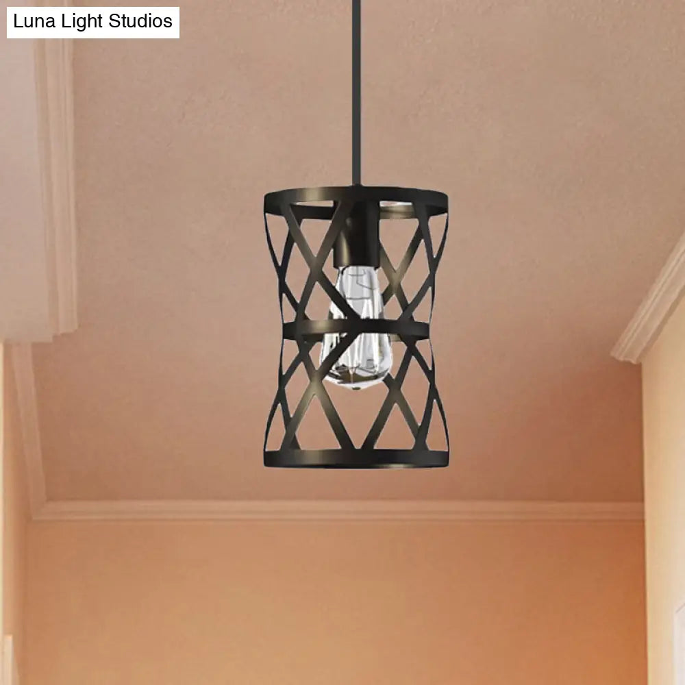 Stylish Vintage Cylinder Cage Pendant Light - Black Metal Ideal For Dining Rooms