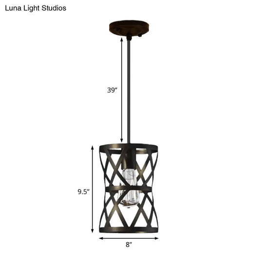 Stylish Vintage Cylinder Cage Pendant Light - Black Metal Ideal For Dining Rooms